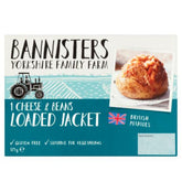 Box of Bannisters 1x Cheese & Beans Loaded Jacket Potato (375g), showing a baked potato image and product details, labeled gluten-free and vegetarian-friendly.